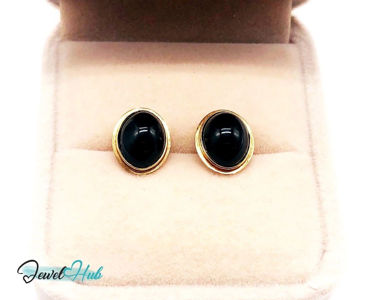 14k (585) Solid Yellow Gold Vintage Black Onyx Stud Earrings (Round) - JewelHub.co.uk