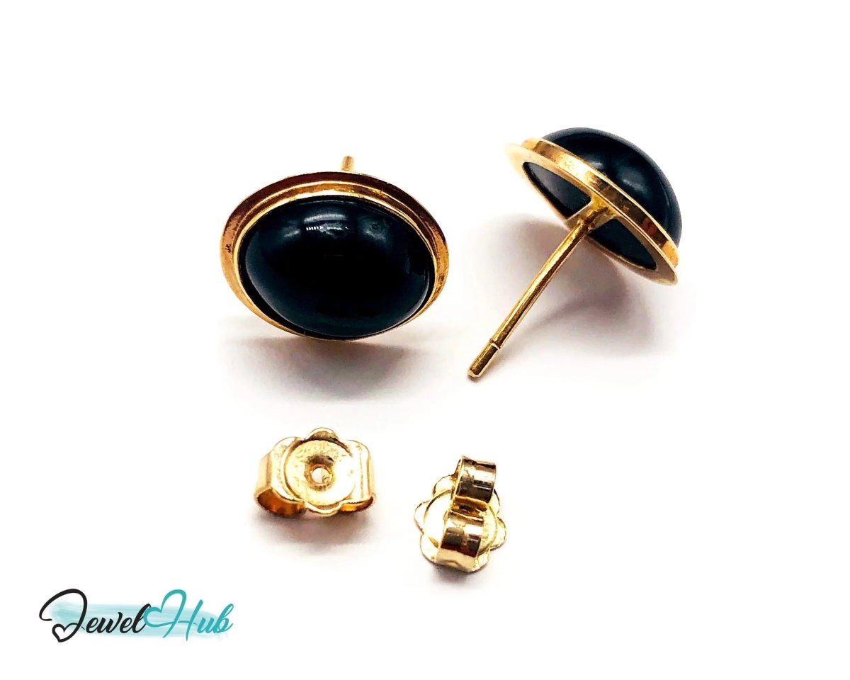 14k (585) Solid Yellow Gold Vintage Black Onyx Stud Earrings (Round) - JewelHub.co.uk
