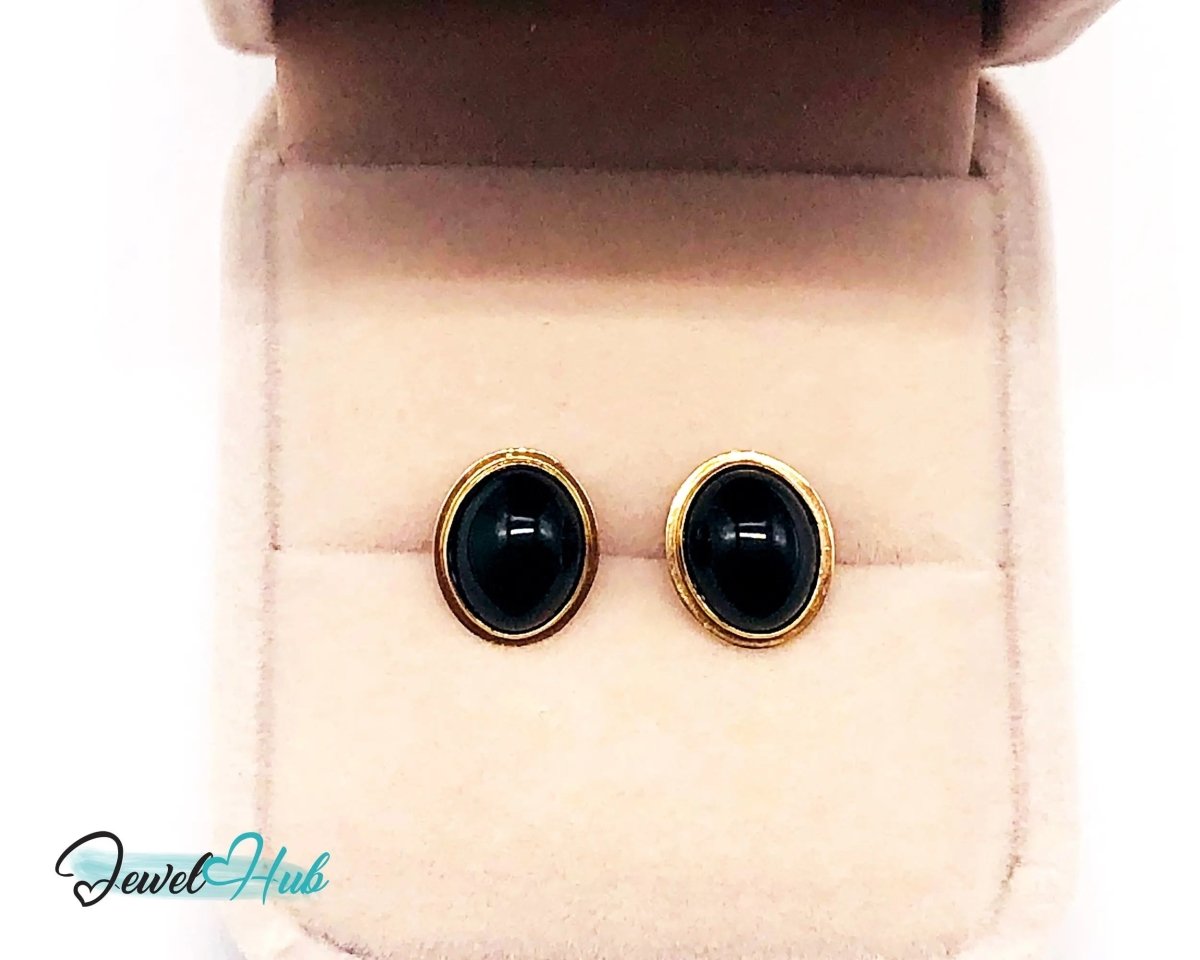 14k (585) Solid Yellow Gold Vintage Black Onyx Stud Earrings (Round) - JewelHub.co.uk