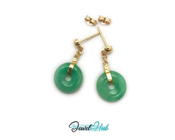 14k (585) Solid Yellow Gold Vintage Circle Chinese Jade Dangle Earrings - JewelHub.co.uk