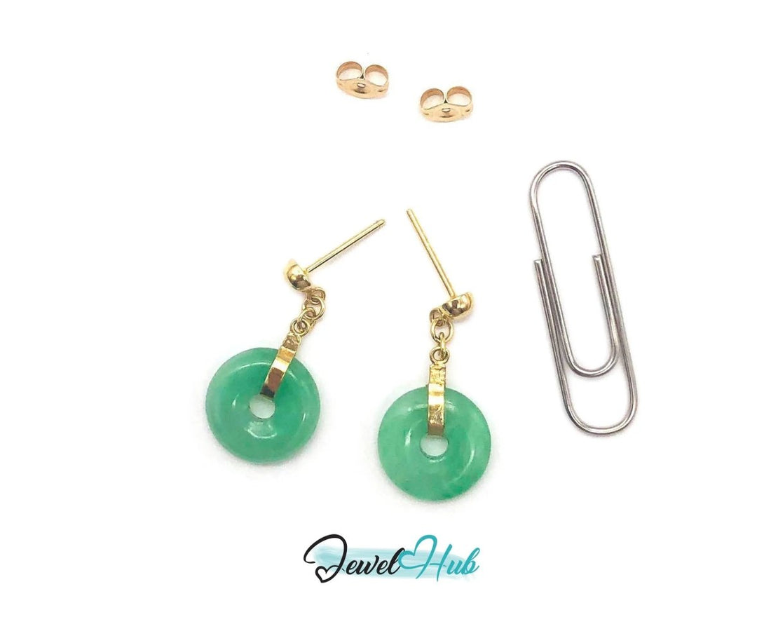 14k (585) Solid Yellow Gold Vintage Circle Chinese Jade Dangle Earrings - JewelHub.co.uk
