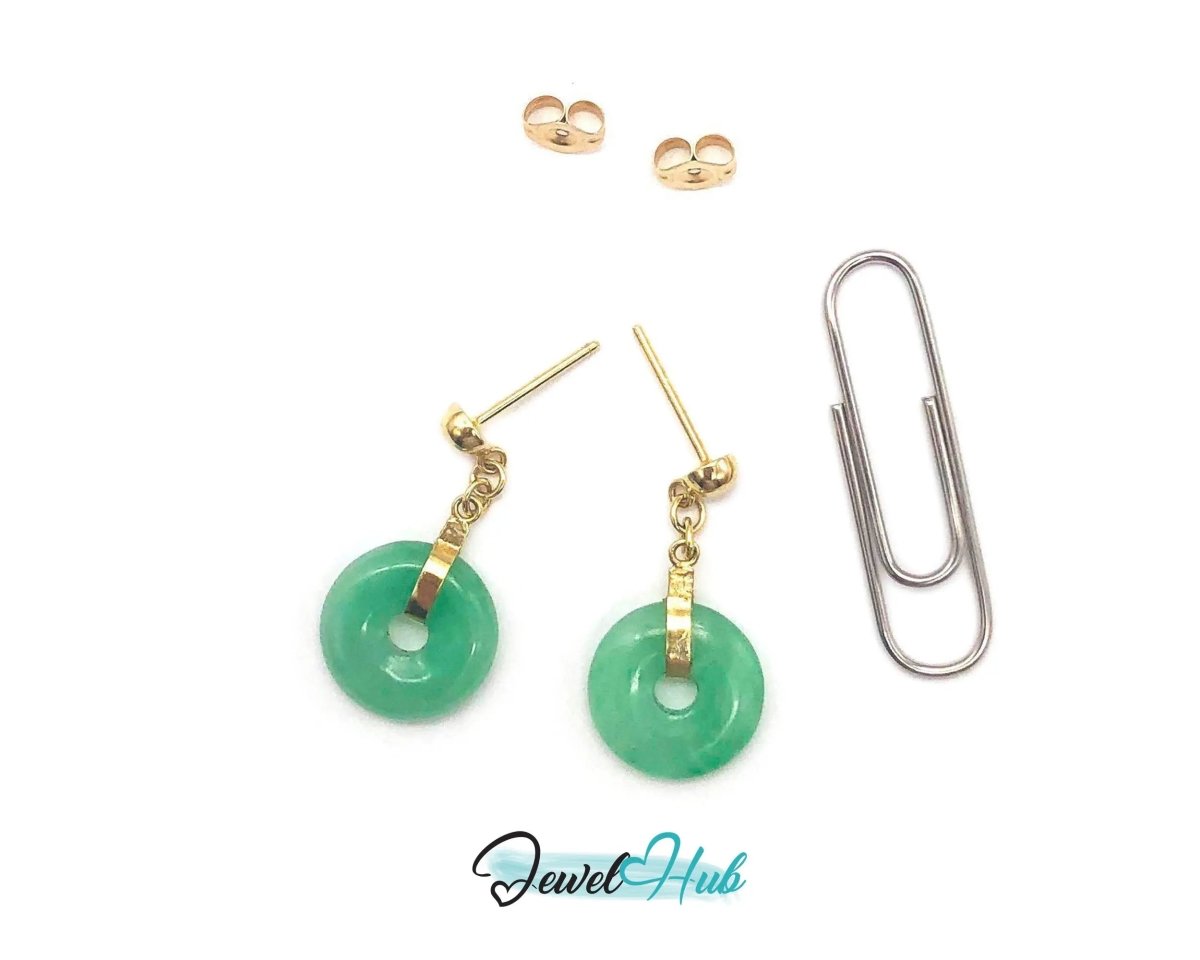 14k (585) Solid Yellow Gold Vintage Circle Chinese Jade Dangle Earrings - JewelHub.co.uk