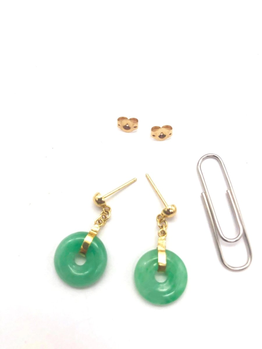 14k (585) Solid Yellow Gold Vintage Circle Chinese Jade Dangle Earrings - JewelHub.co.uk