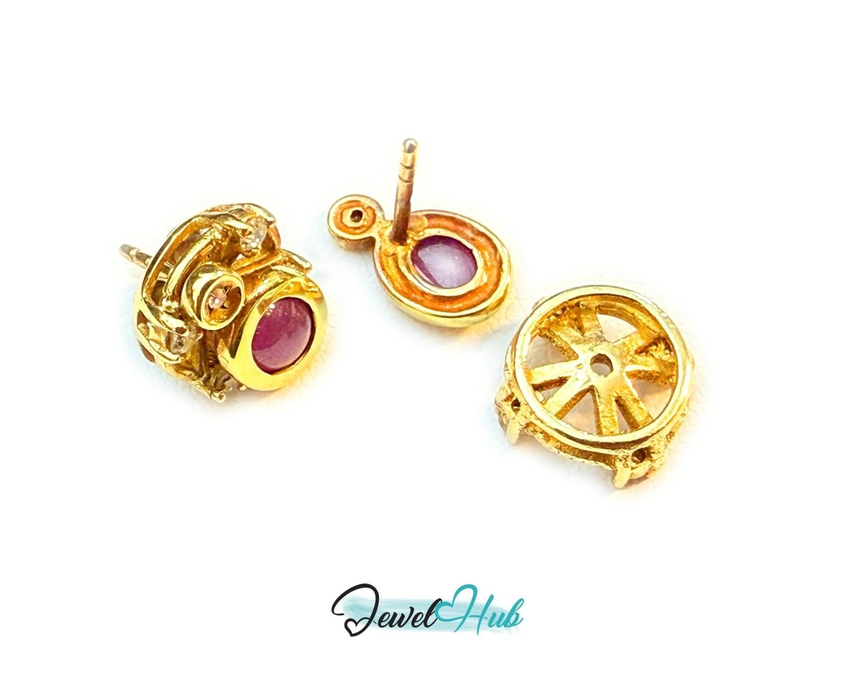 14k (585) Yellow Solid Gold Convertible Cabachon Ruby Earrings - JewelHub.co.uk