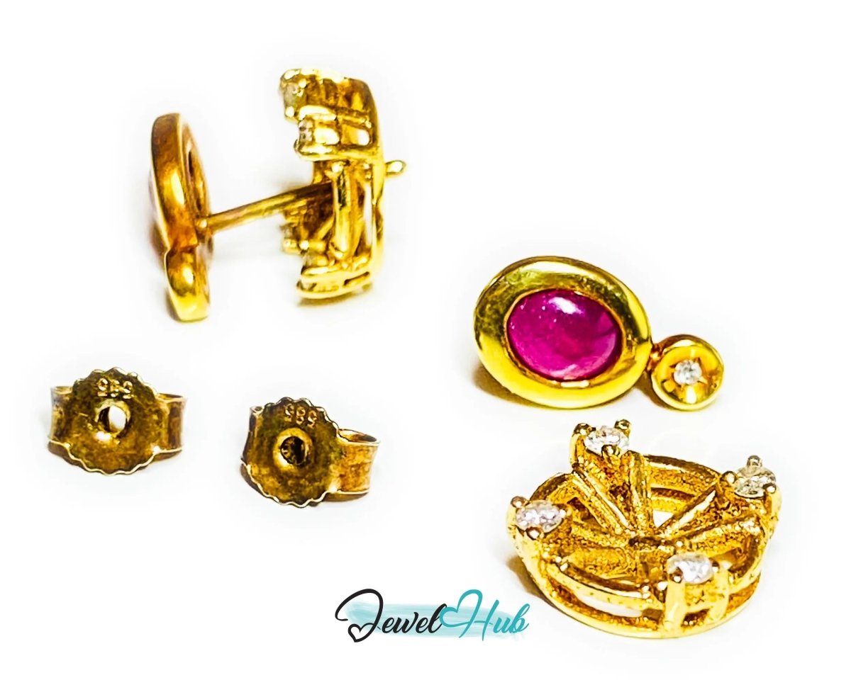 14k (585) Yellow Solid Gold Convertible Cabachon Ruby Earrings - JewelHub.co.uk
