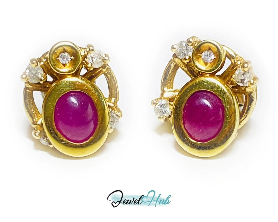 14k (585) Yellow Solid Gold Convertible Cabachon Ruby Earrings - JewelHub.co.uk