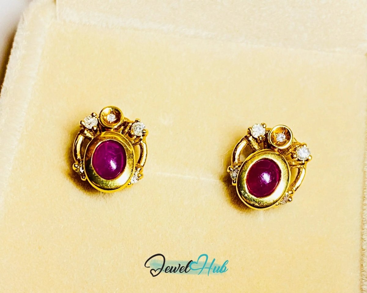14k (585) Yellow Solid Gold Convertible Cabachon Ruby Earrings - JewelHub.co.uk