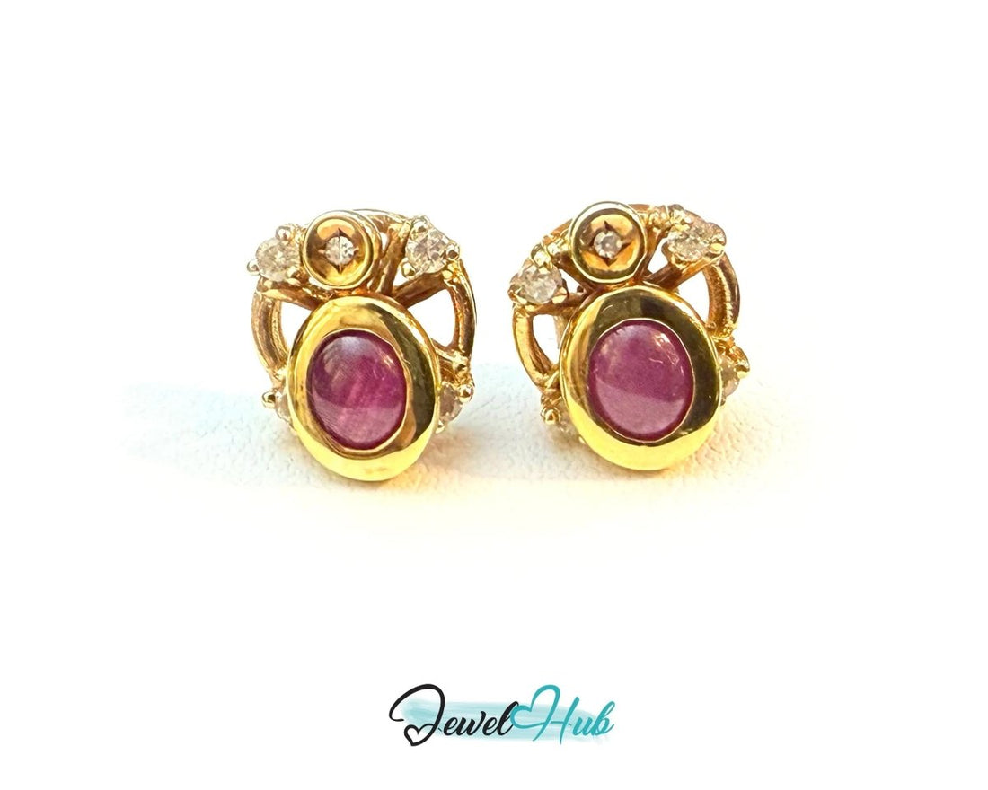 14k (585) Yellow Solid Gold Convertible Cabachon Ruby Earrings - JewelHub.co.uk