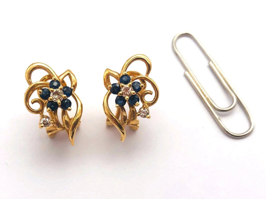 14k (585) Yellow Solid Gold Flowery Shape x5 Sapphire Diamond earrings - JewelHub.co.uk