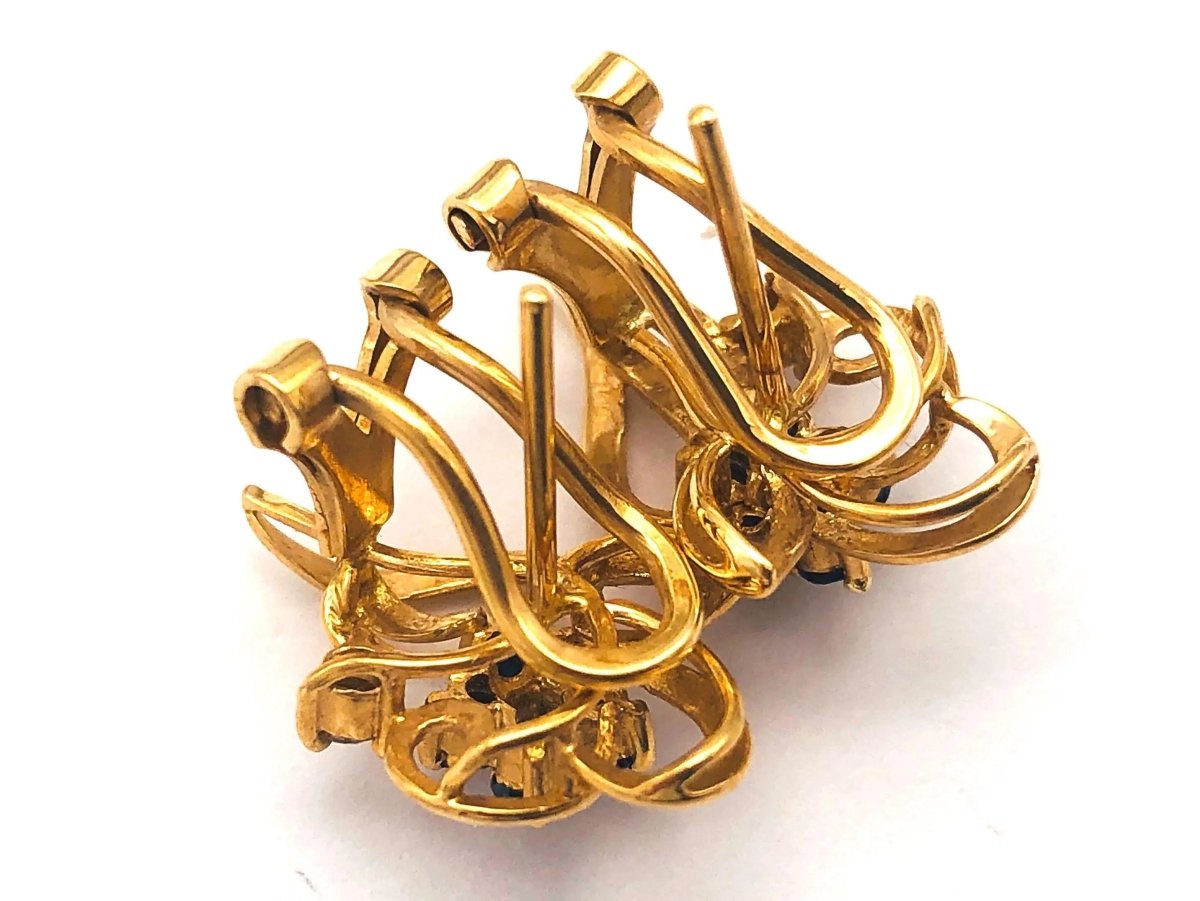 14k (585) Yellow Solid Gold Flowery Shape x5 Sapphire Diamond earrings - JewelHub.co.uk