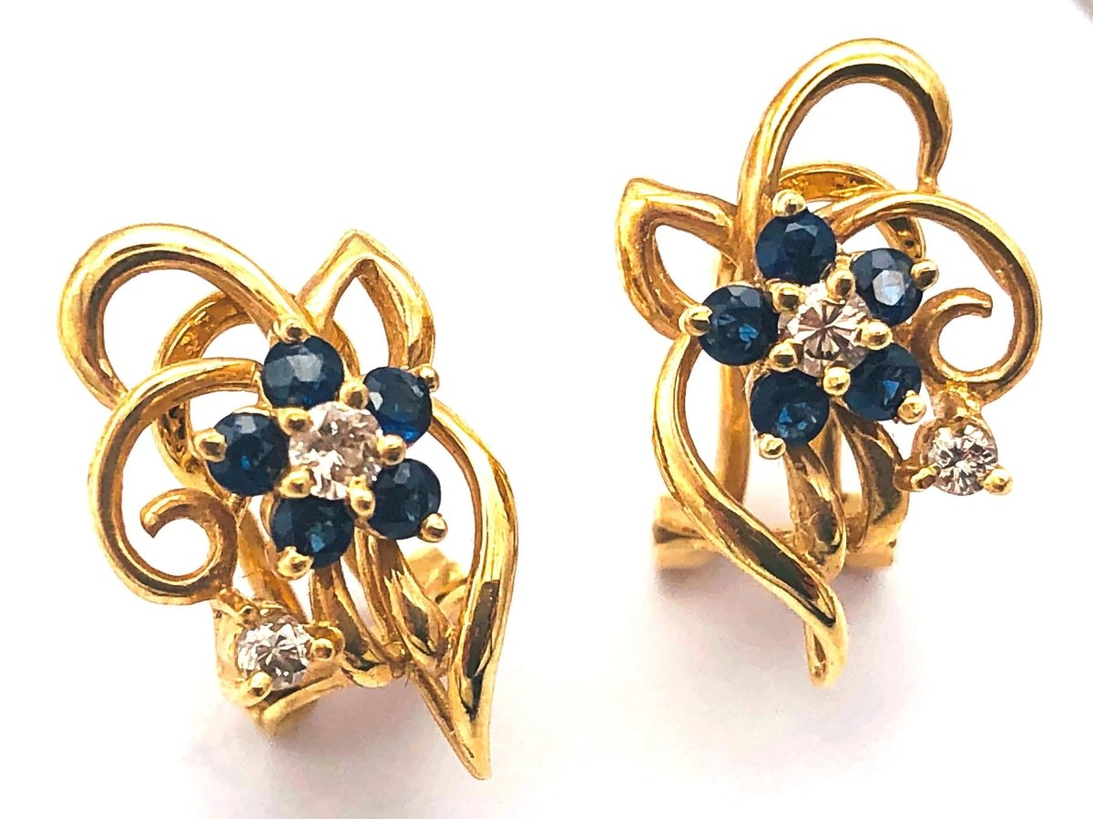 14k (585) Yellow Solid Gold Flowery Shape x5 Sapphire Diamond earrings - JewelHub.co.uk
