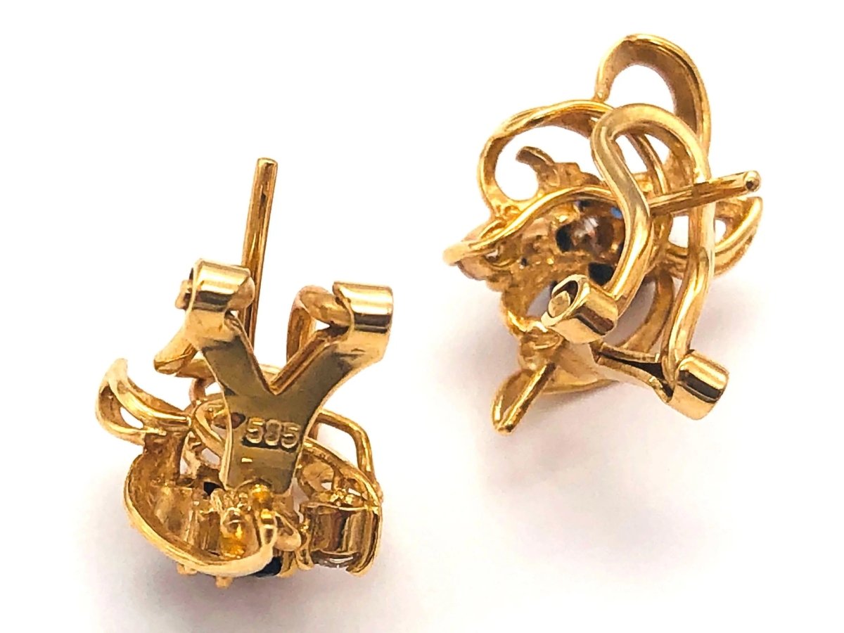 14k (585) Yellow Solid Gold Flowery Shape x5 Sapphire Diamond earrings - JewelHub.co.uk