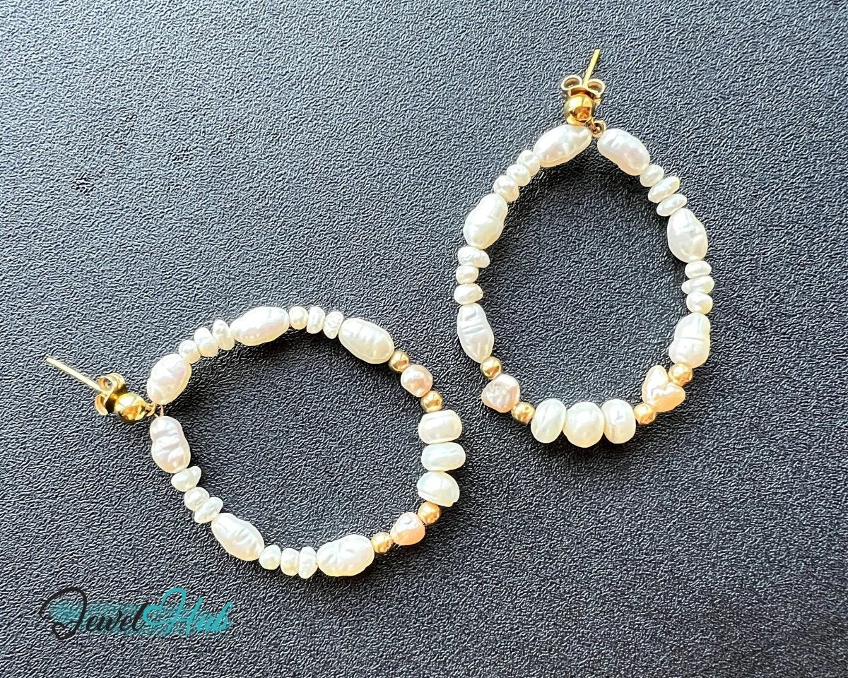 14k Freshwater Pearl Earrings (Large Circle Hoop) Organic Radiance - JewelHub.co.uk