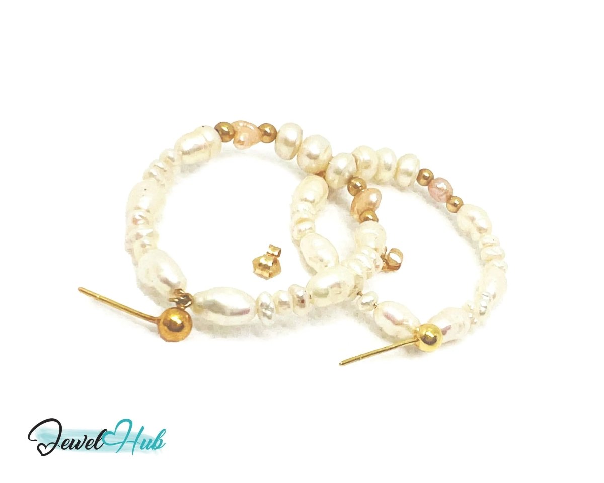 14k Freshwater Pearl Earrings (Large Circle Hoop) Organic Radiance - JewelHub.co.uk