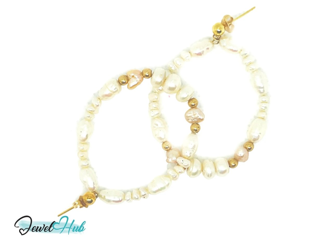 14k Freshwater Pearl Earrings (Large Circle Hoop) Organic Radiance - JewelHub.co.uk