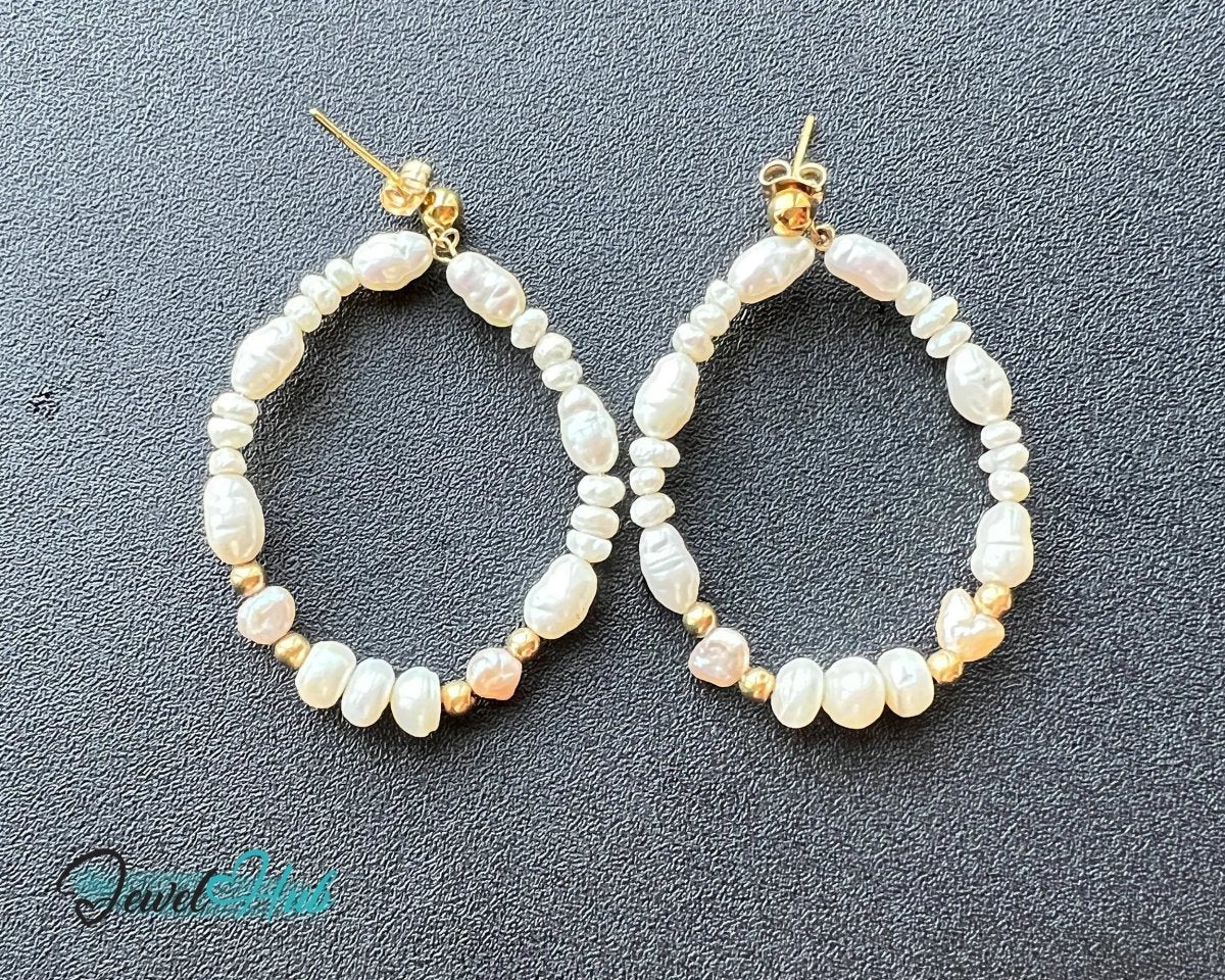 14k Freshwater Pearl Earrings (Large Circle Hoop) Organic Radiance - JewelHub.co.uk