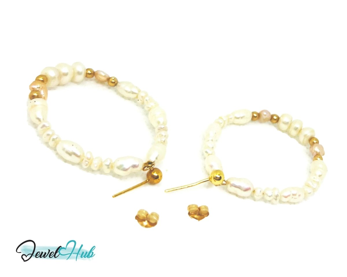 14k Freshwater Pearl Earrings (Large Circle Hoop) Organic Radiance - JewelHub.co.uk