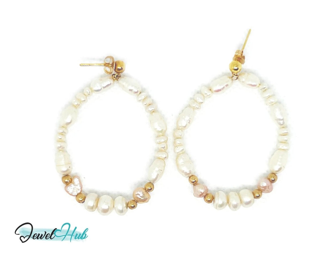 14k Freshwater Pearl Earrings (Large Circle Hoop) Organic Radiance - JewelHub.co.uk