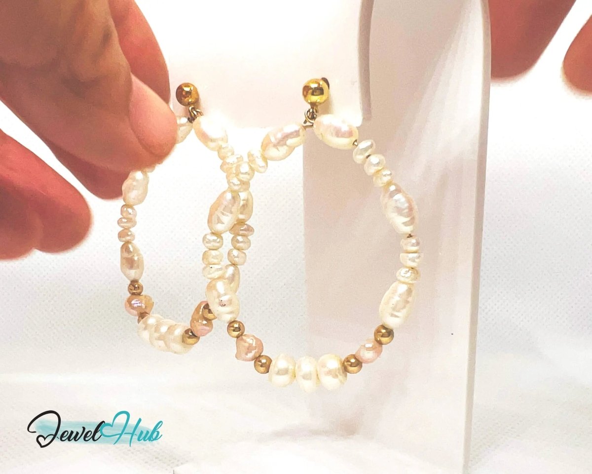 14k Freshwater Pearl Earrings (Large Circle Hoop) Organic Radiance - JewelHub.co.uk