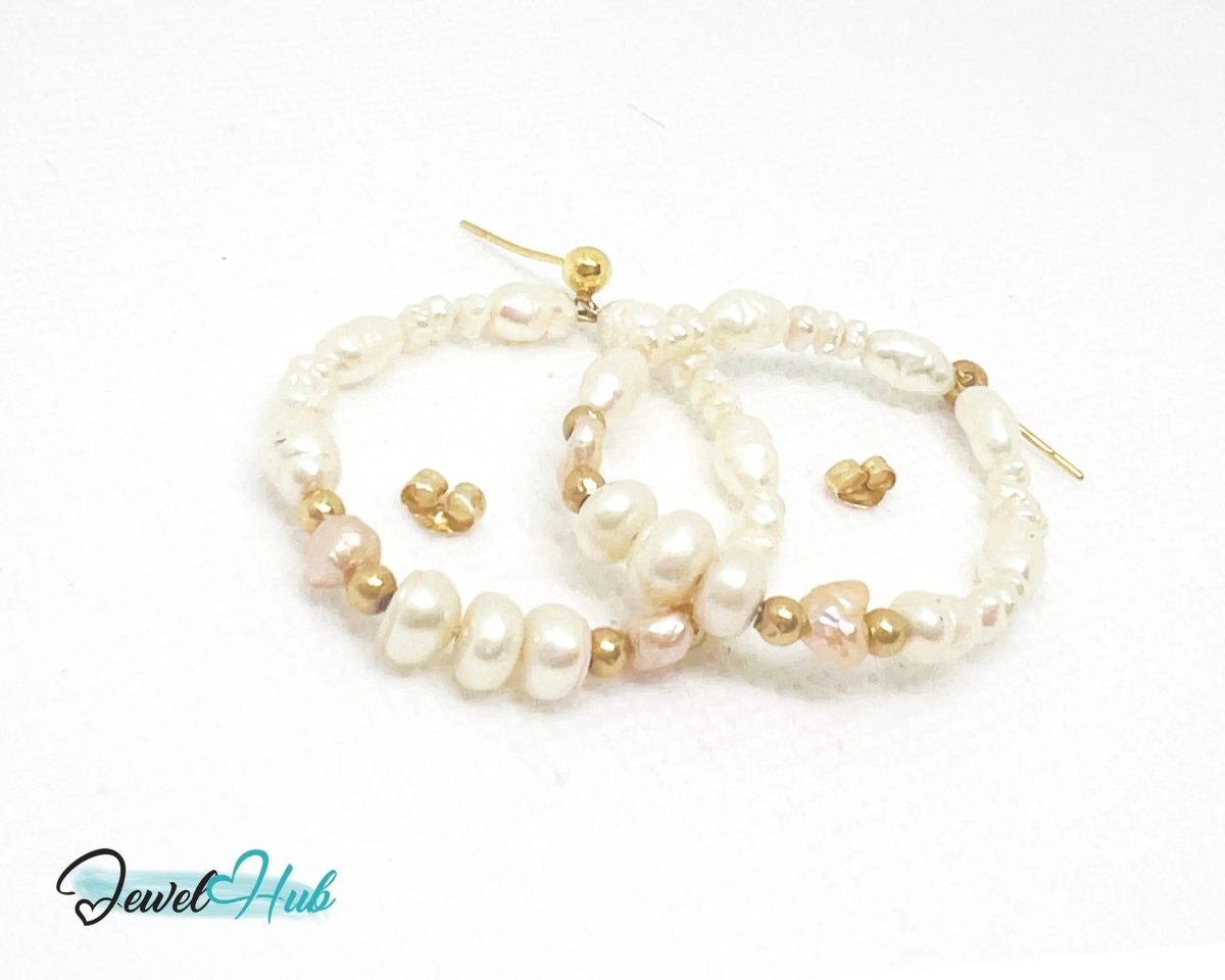 14k Freshwater Pearl Earrings (Large Circle Hoop) Organic Radiance - JewelHub.co.uk