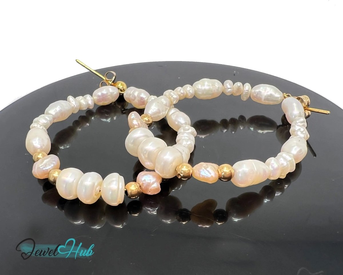 14k Freshwater Pearl Earrings (Large Circle Hoop) Organic Radiance - JewelHub.co.uk