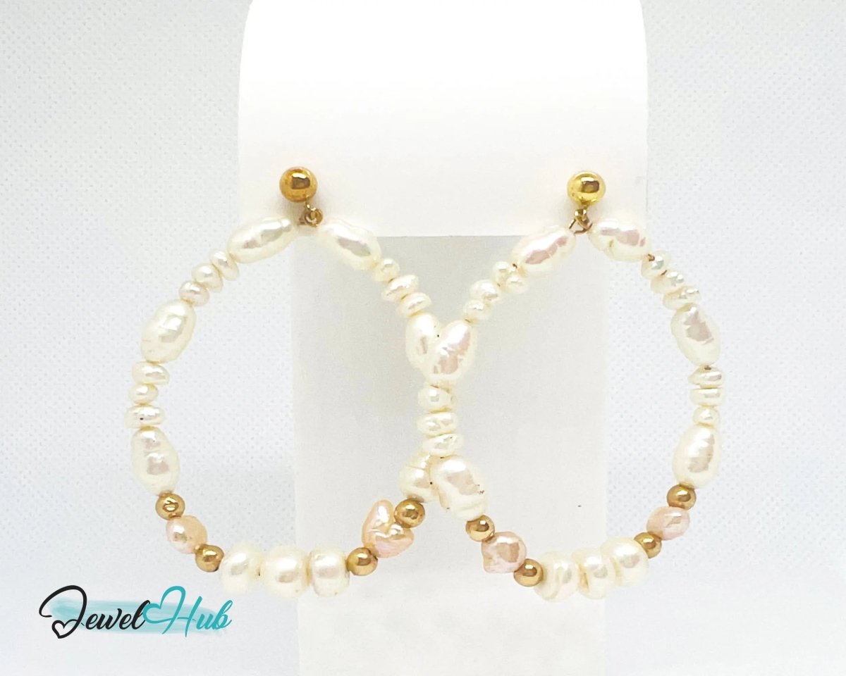 14k Freshwater Pearl Earrings (Large Circle Hoop) Organic Radiance - JewelHub.co.uk