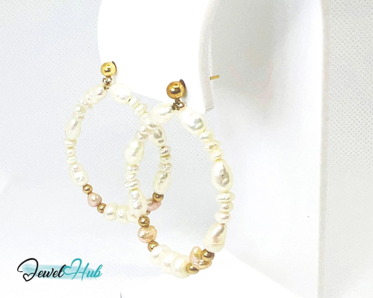 14k Freshwater Pearl Earrings (Large Circle Hoop) Organic Radiance - JewelHub.co.uk