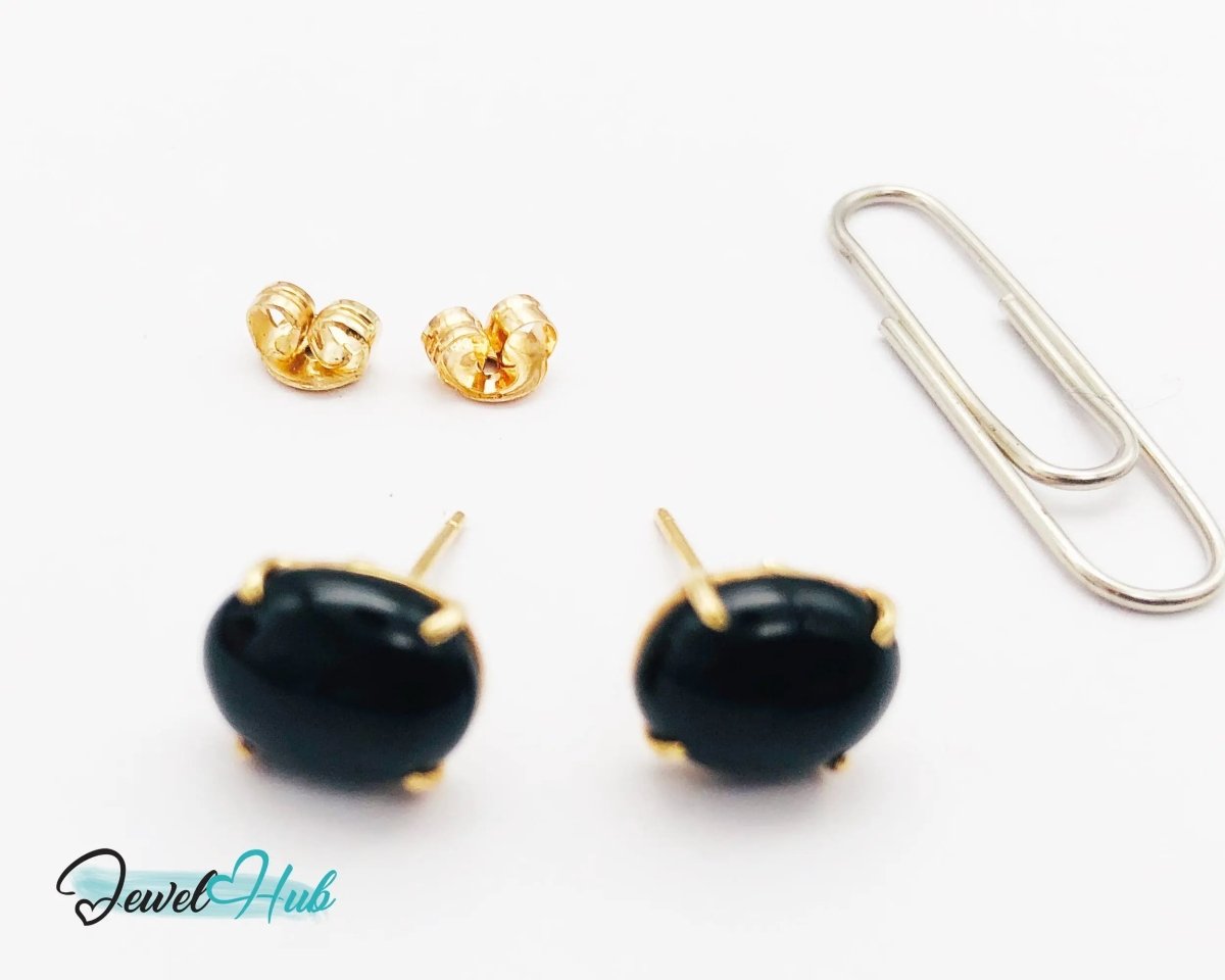 14k Gold (585) Black Onyx Stud Earrings – Bold Simplicity in Black & Gold - JewelHub.co.uk
