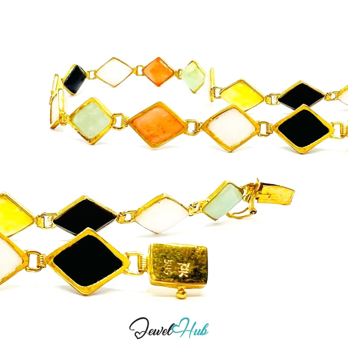14K Gold Diamond - Cut Jade Bracelet – 15 Colorful Stones · 18cm · 5.33g · Hallmarked Wellness Jewelry - JewelHub.co.uk
