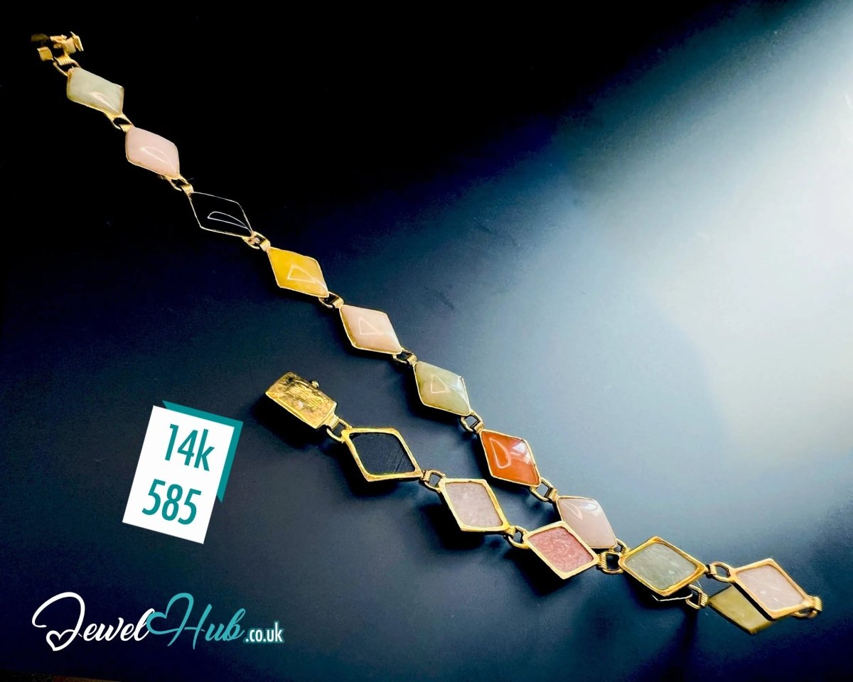 14K Gold Diamond - Cut Jade Bracelet – 15 Colorful Stones · 18cm · 5.33g · Hallmarked Wellness Jewelry - JewelHub.co.uk