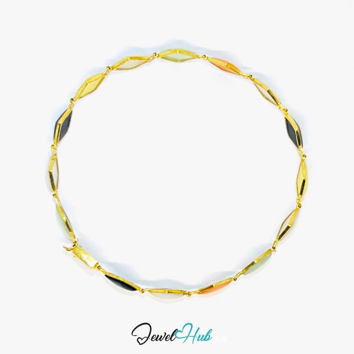 14K Gold Diamond - Cut Jade Bracelet – 15 Colorful Stones · 18cm · 5.33g · Hallmarked Wellness Jewelry - JewelHub.co.uk