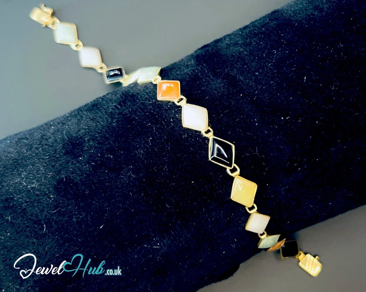 14K Gold Diamond - Cut Jade Bracelet – 15 Colorful Stones · 18cm · 5.33g · Hallmarked Wellness Jewelry - JewelHub.co.uk