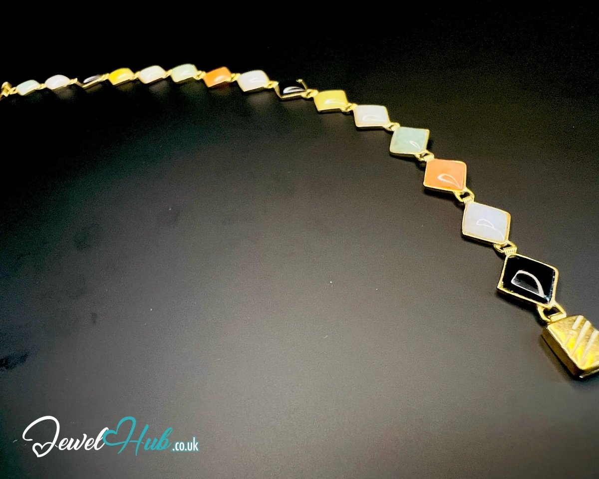 14K Gold Diamond - Cut Jade Bracelet – 15 Colorful Stones · 18cm · 5.33g · Hallmarked Wellness Jewelry - JewelHub.co.uk
