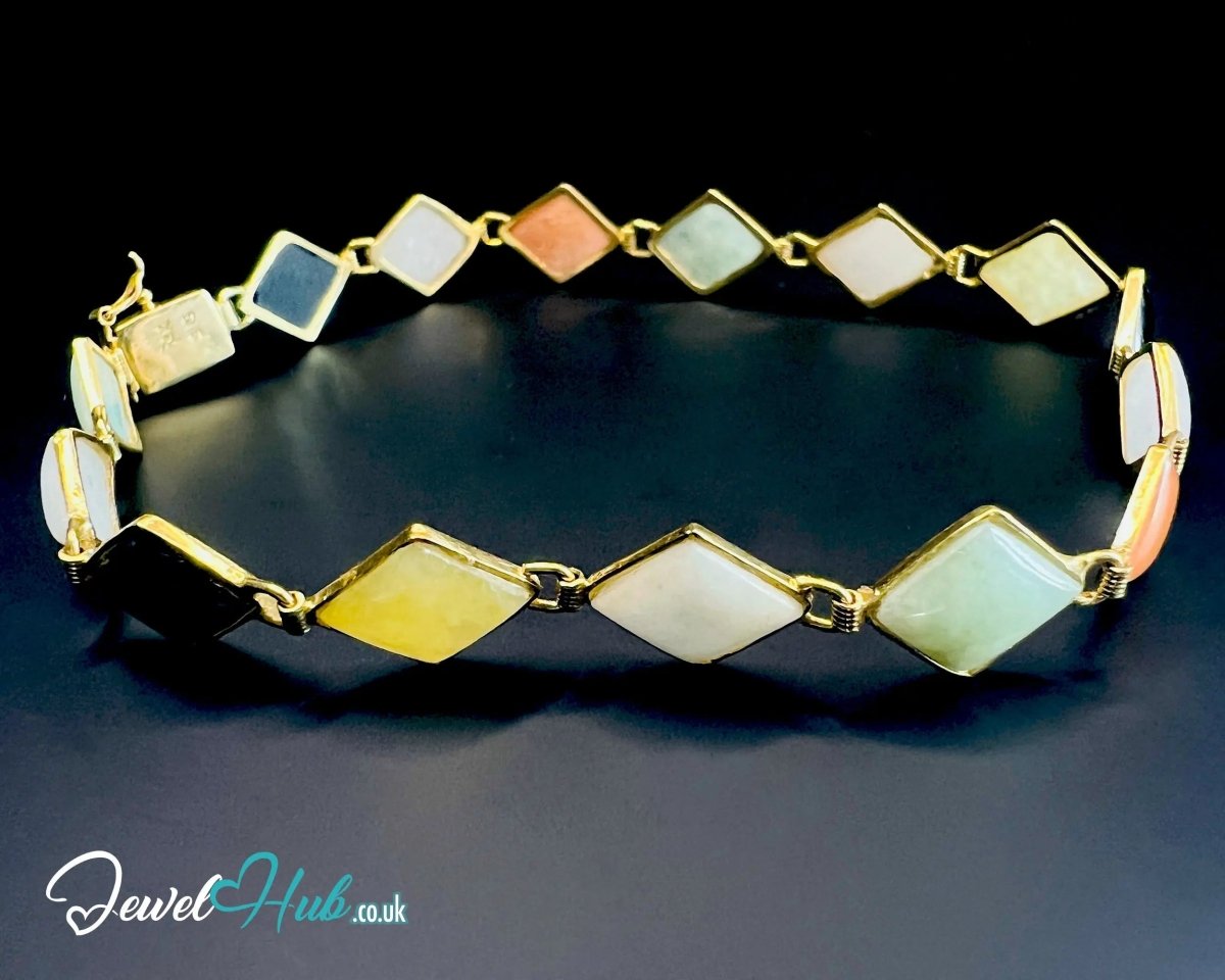 14K Gold Diamond - Cut Jade Bracelet – 15 Colorful Stones · 18cm · 5.33g · Hallmarked Wellness Jewelry - JewelHub.co.uk