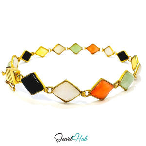 14K Gold Diamond - Cut Jade Bracelet – 15 Colorful Stones · 18cm · 5.33g · Hallmarked Wellness Jewelry - JewelHub.co.uk