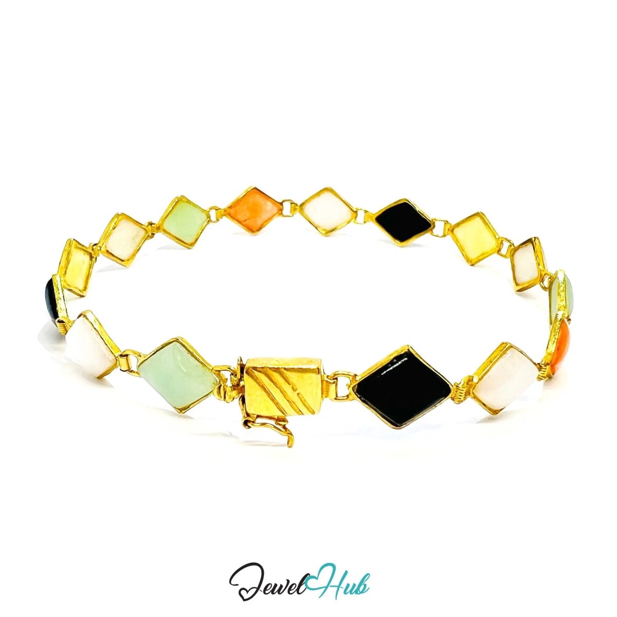 14K Gold Diamond - Cut Jade Bracelet – 15 Colorful Stones · 18cm · 5.33g · Hallmarked Wellness Jewelry - JewelHub.co.uk