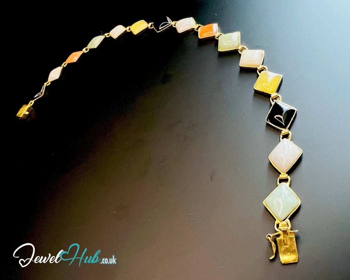 14K Gold Diamond - Cut Jade Bracelet – 15 Colorful Stones · 18cm · 5.33g · Hallmarked Wellness Jewelry - JewelHub.co.uk