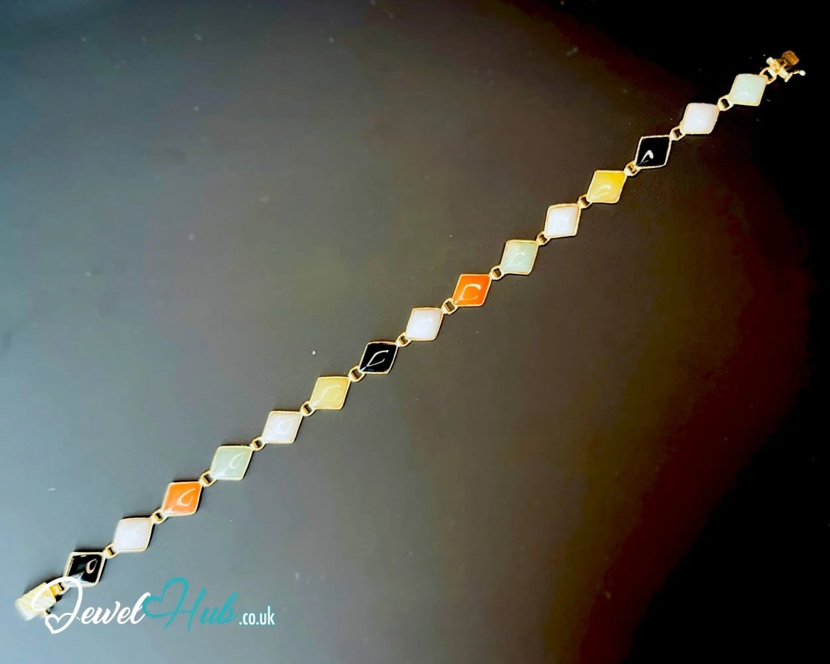 14K Gold Diamond - Cut Jade Bracelet – 15 Colorful Stones · 18cm · 5.33g · Hallmarked Wellness Jewelry - JewelHub.co.uk