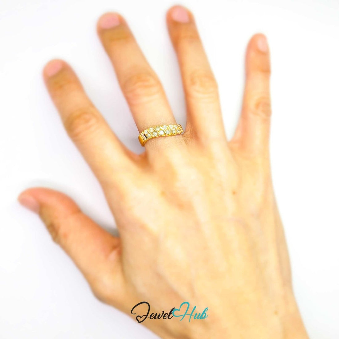 14K Gold Diamond Ring · 0.48ct Channel-Set · UK N · US 7 · Diagonal Sparkle Band - JewelHub.co.uk