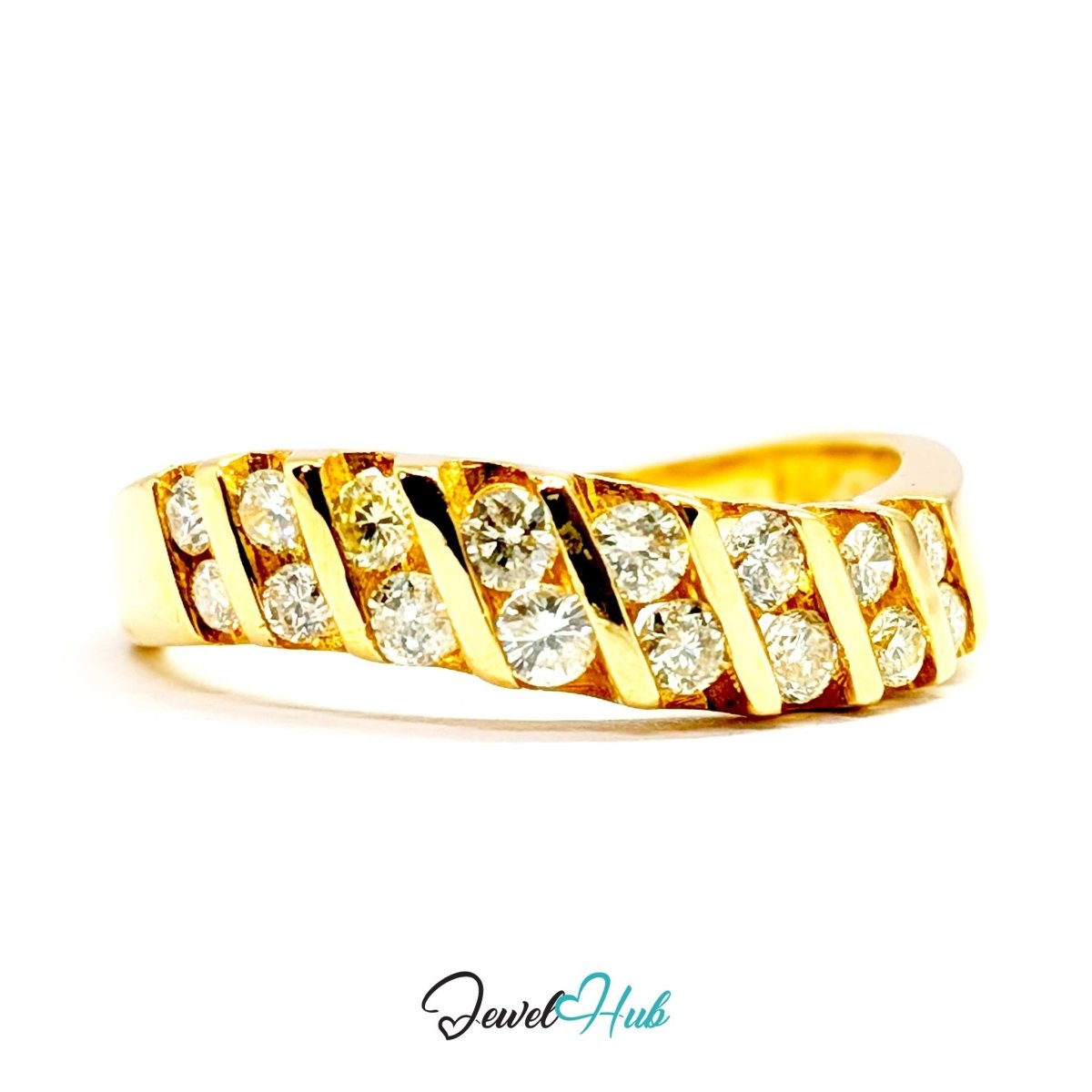 14K Gold Diamond Ring · 0.48ct Channel-Set · UK N · US 7 · Diagonal Sparkle Band - JewelHub.co.uk