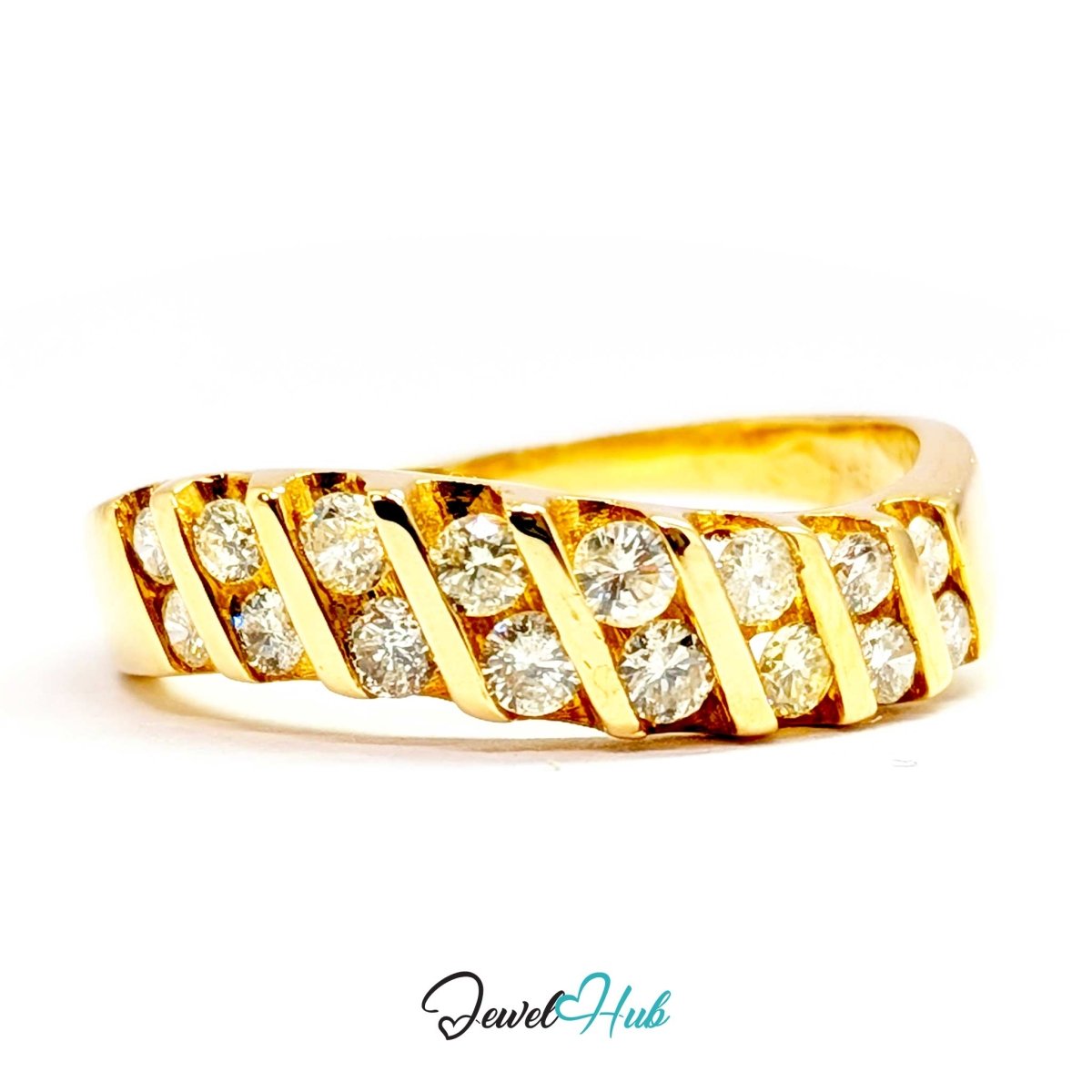 14K Gold Diamond Ring · 0.48ct Channel-Set · UK N · US 7 · Diagonal Sparkle Band - JewelHub.co.uk