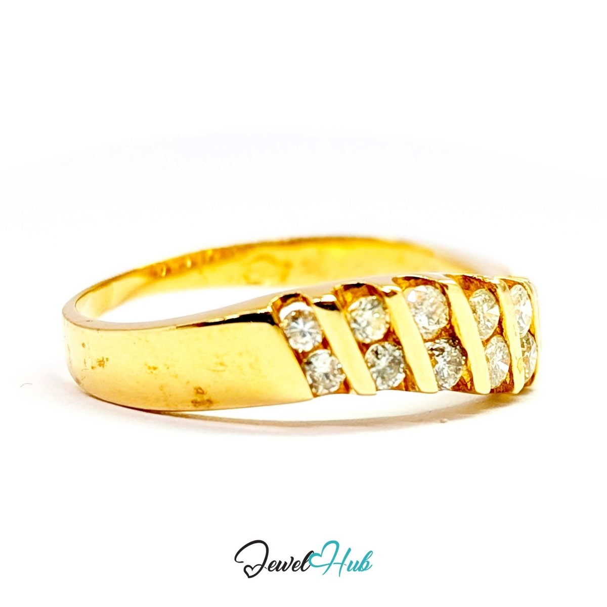 14K Gold Diamond Ring · 0.48ct Channel-Set · UK N · US 7 · Diagonal Sparkle Band - JewelHub.co.uk