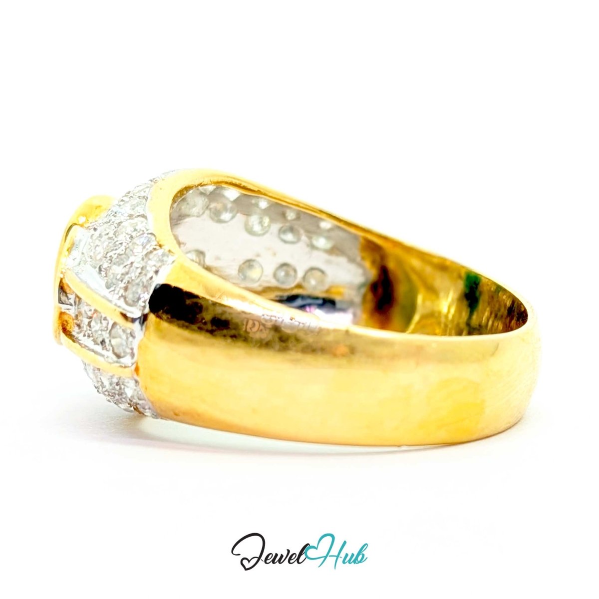 A 14k yellow gold ring with a pavé diamond setting, shown in a side profile view on a white background with a 'JewelHub' watermark at the bottom.