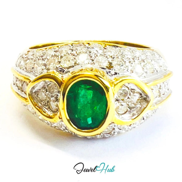 14K Gold Emerald Diamond Ring · ~0.68ct Emerald · 0.96ct Pavé Diamonds · UK N · US 7 · Luxe Bezel Halo - JewelHub.co.uk