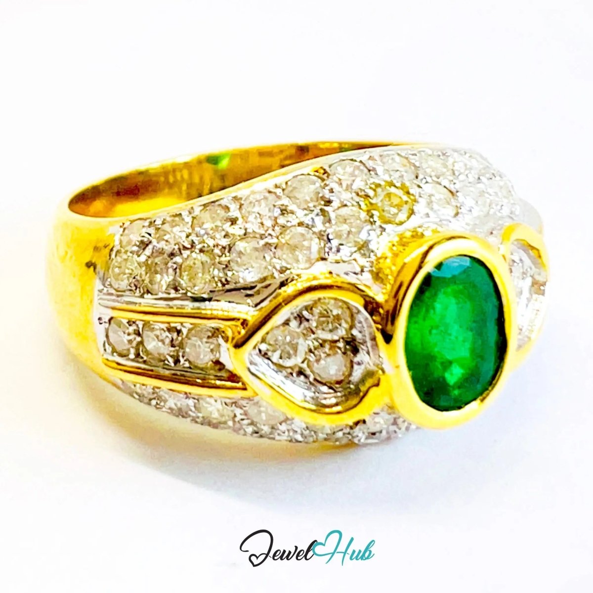 14K Gold Emerald Diamond Ring · ~0.68ct Emerald · 0.96ct Pavé Diamonds · UK N · US 7 · Luxe Bezel Halo - JewelHub.co.uk