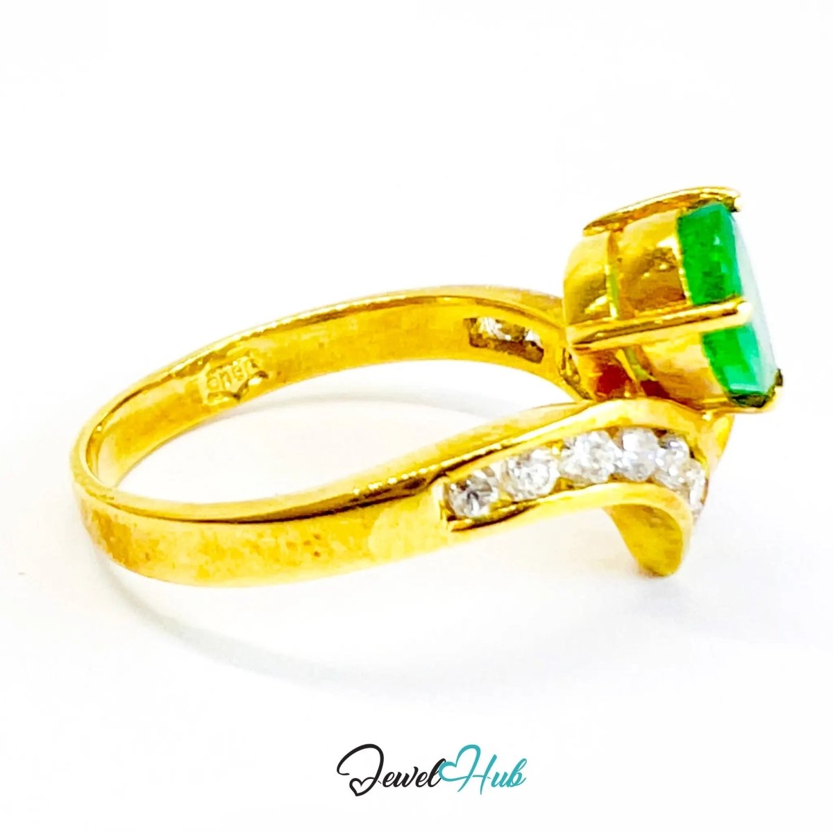 14K Gold Emerald Diamond Ring · 0.72ct Pear Emerald · UK N · US 7 · Crossover Sparkle Band - JewelHub.co.uk