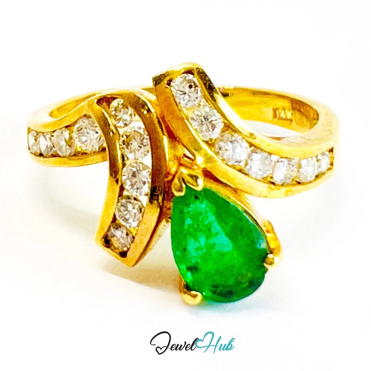 14K Gold Emerald Diamond Ring · 0.72ct Pear Emerald · UK N · US 7 · Crossover Sparkle Band - JewelHub.co.uk