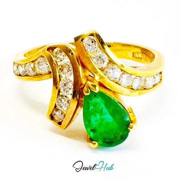 14K Gold Emerald Diamond Ring · 0.72ct Pear Emerald · UK N · US 7 · Crossover Sparkle Band - JewelHub.co.uk