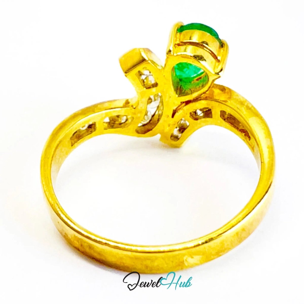 14K Gold Emerald Diamond Ring · 0.72ct Pear Emerald · UK N · US 7 · Crossover Sparkle Band - JewelHub.co.uk