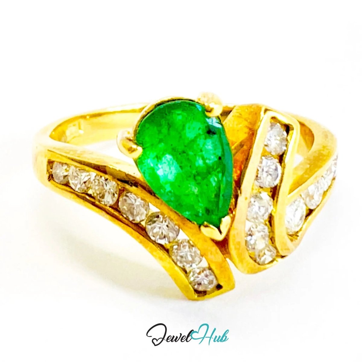 14K Gold Emerald Diamond Ring · 0.72ct Pear Emerald · UK N · US 7 · Crossover Sparkle Band - JewelHub.co.uk